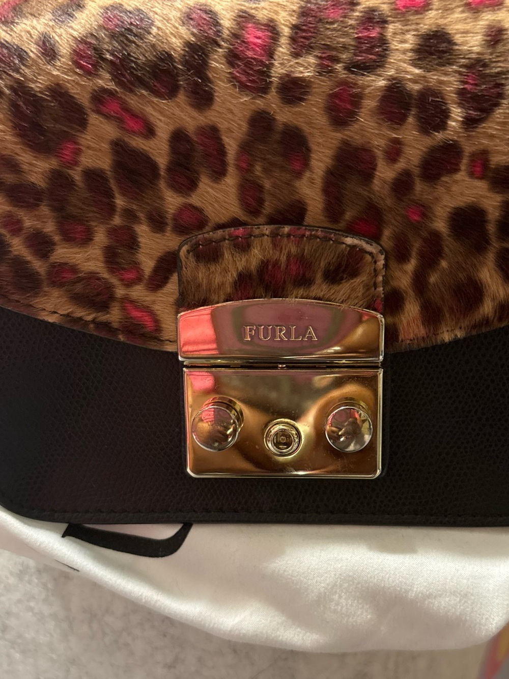 Furla Black Leather Crossbody with Leopard Fur Print Flap and Red Accents - Picture 5 of 8